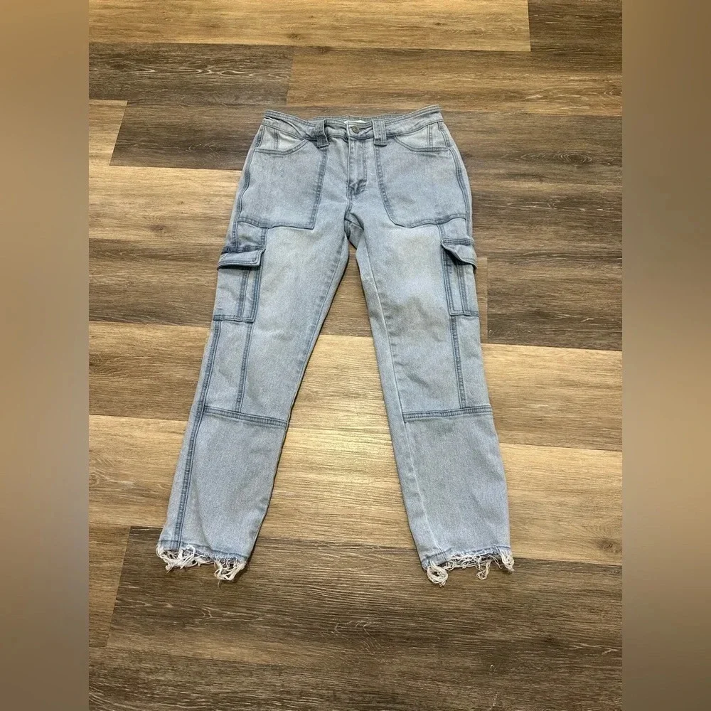 Kancan Jeans Winston High-Rise Cargo Slim Straight Size 7/27 Light Wash Denim - Picture 3 of 13